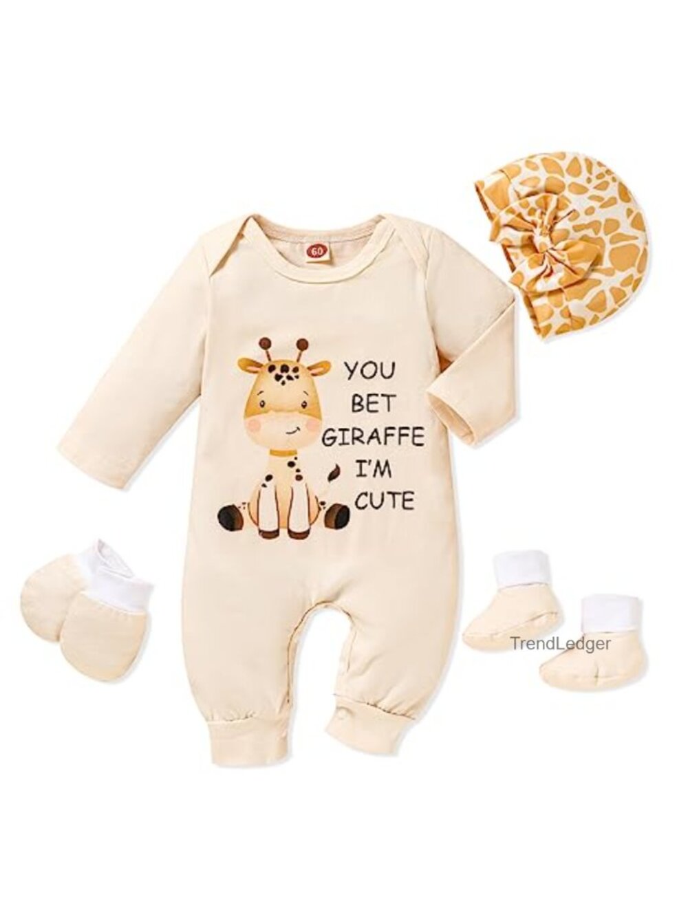 Newborn Baby Girl Romper Set Cotton Blend Bodysuit Hat Gloves Socks 4Pc Coming
